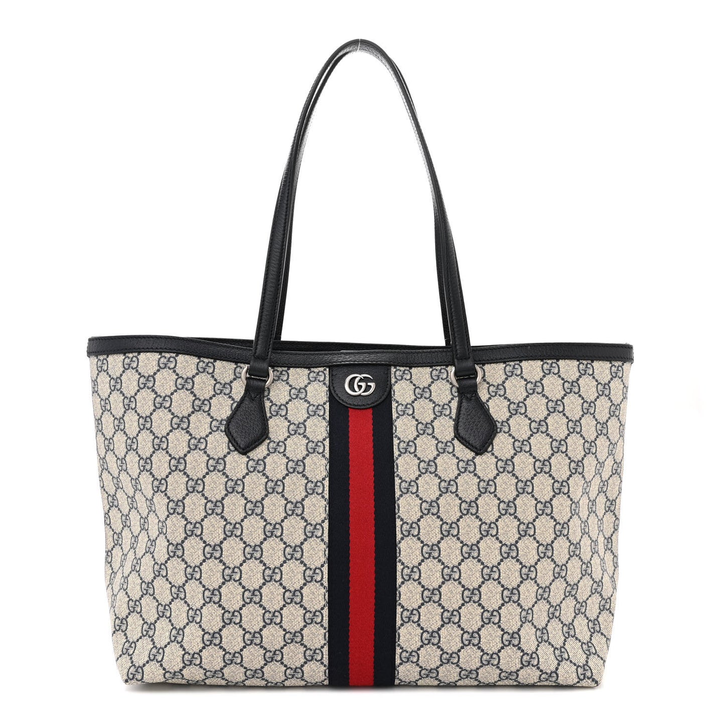 GG Supreme Monogram Textured Calfskin Web Medium Ophidia Shopping Tote Beige Blue