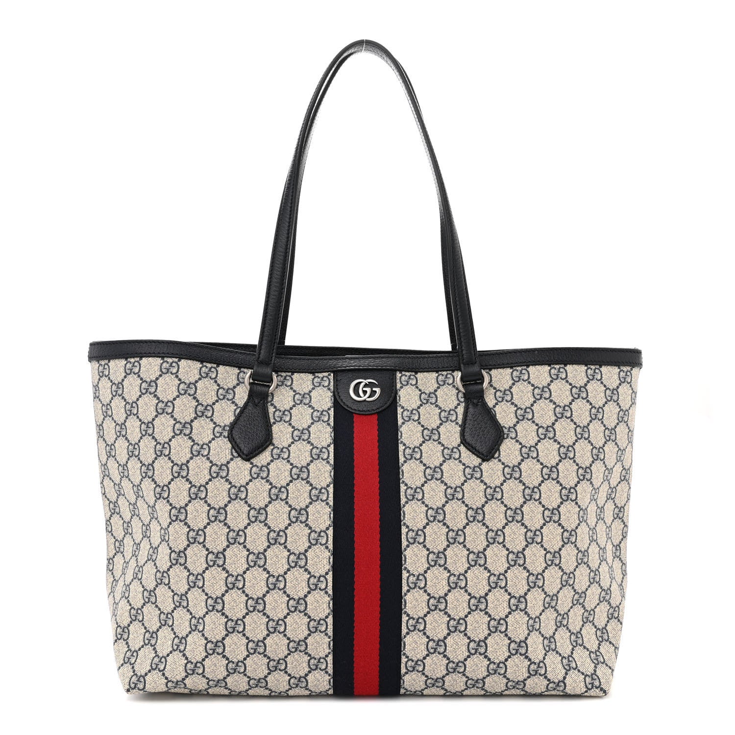Gucci GG Supreme Monogram Textured Calfskin Web Medium Ophidia Shopping Tote Beige Blue 1 of 12