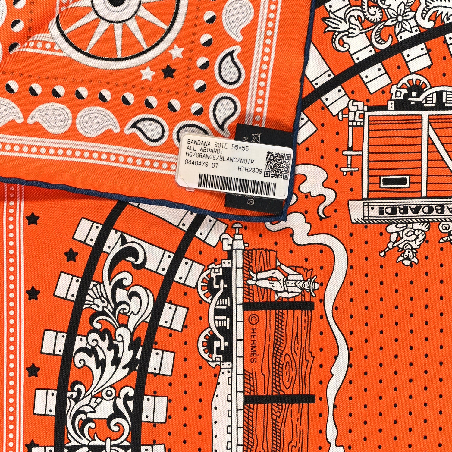 Hermes Silk All Aboard Bandana Scarf 55 Orange White Black 1498216