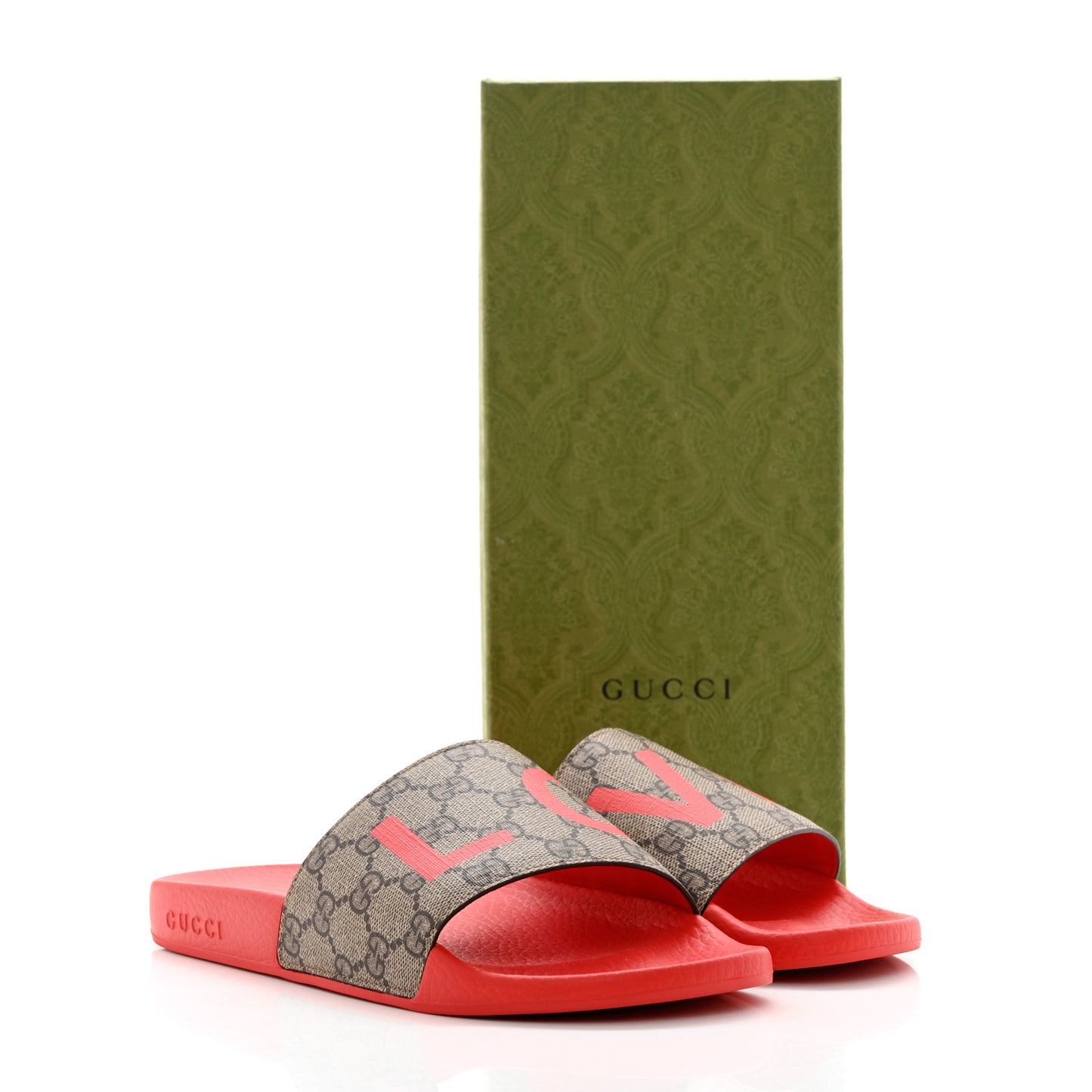 GG Supreme Monogram Valentines Day Slide Sandals 39 Beige Ebony New Geranium