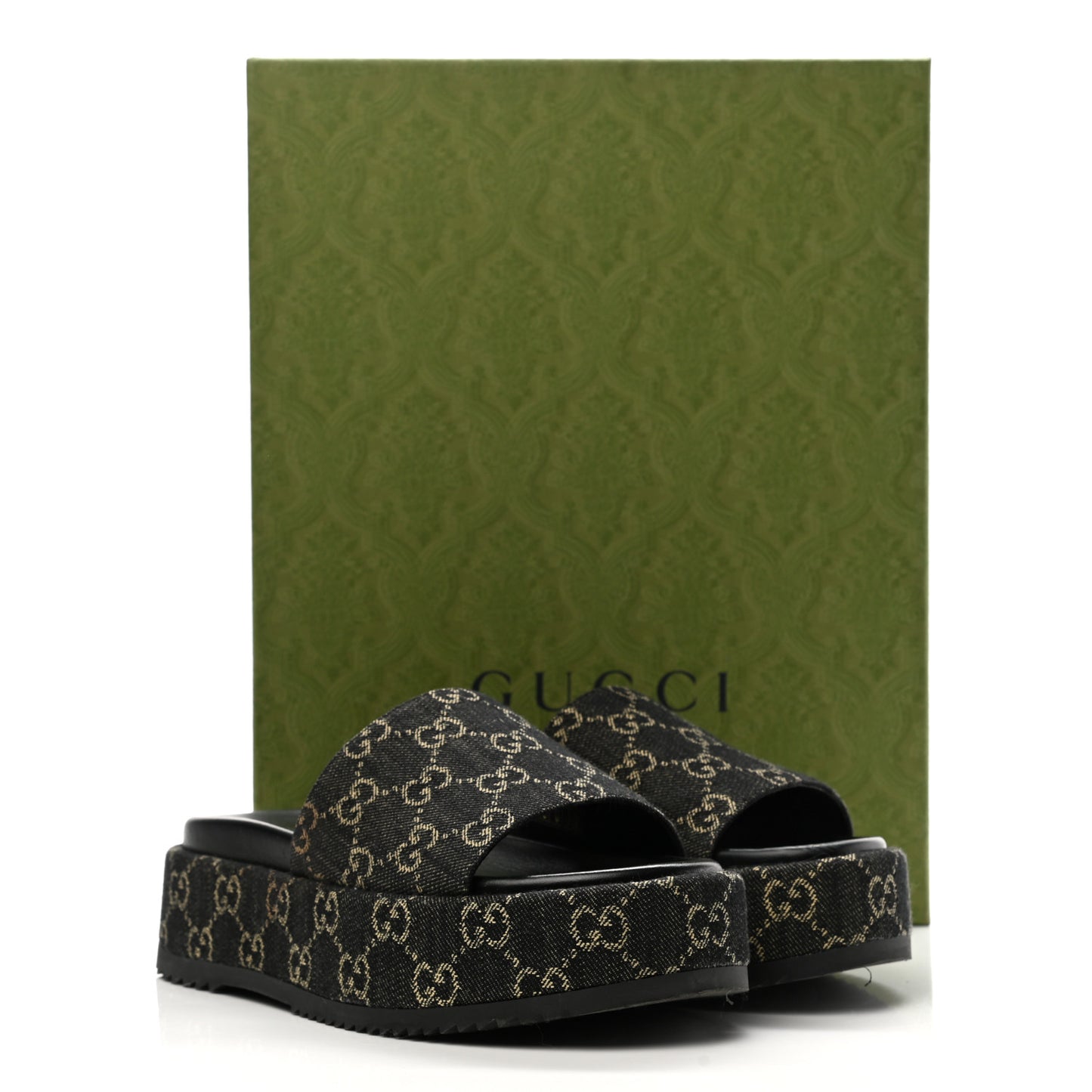 Jacquard Black Denim GG Monogram Angelina Platform 55mm Slide Sandals 38 Black Ivory