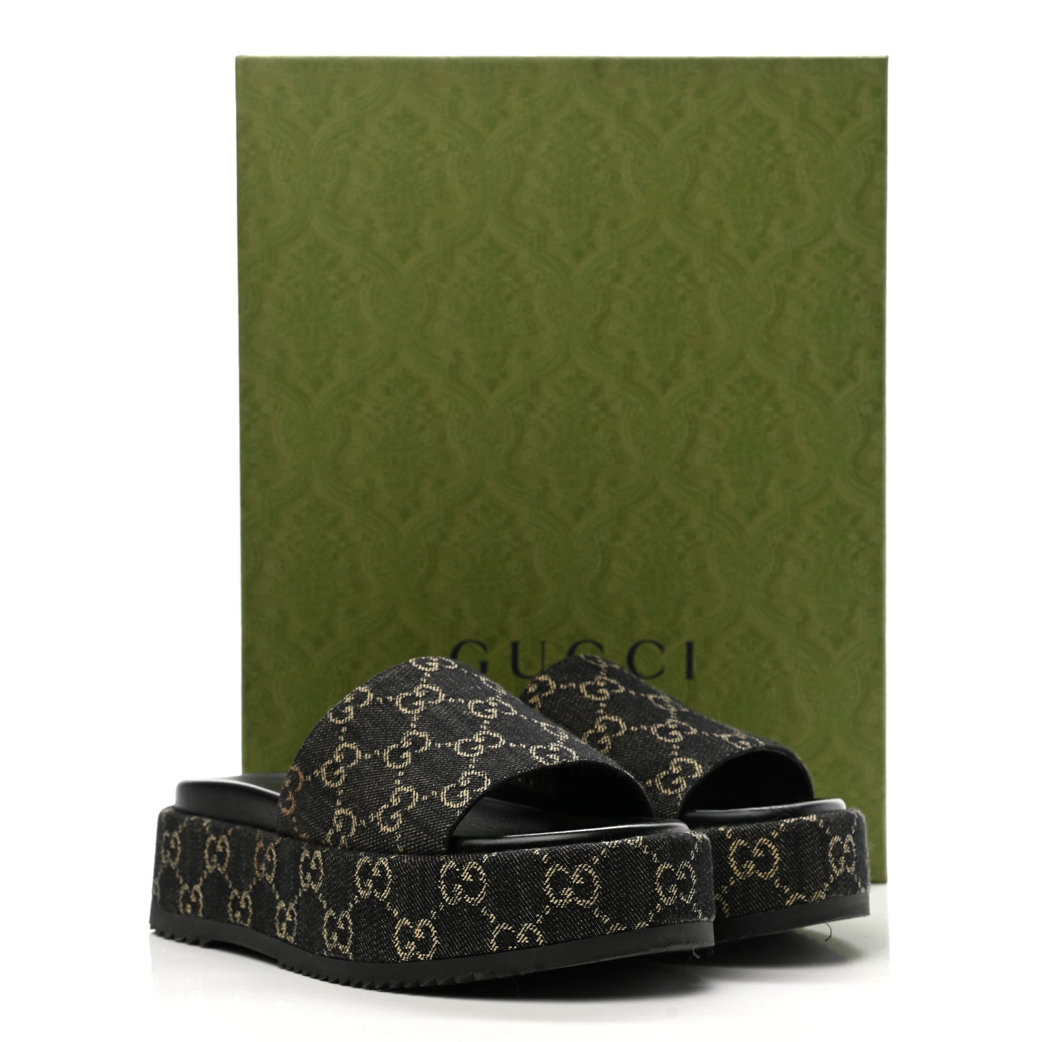 Gucci Jacquard Black Denim GG Monogram Angelina Platform 55mm Slide Sandals 38 Black Ivory 12 of 12