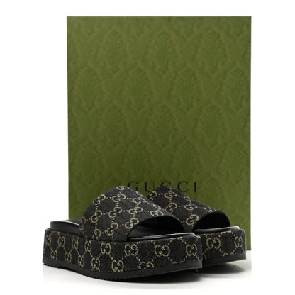 Gucci Jacquard Black Denim GG Monogram Angelina Platform 55mm Slide Sandals 38 Black Ivory 12 of 12