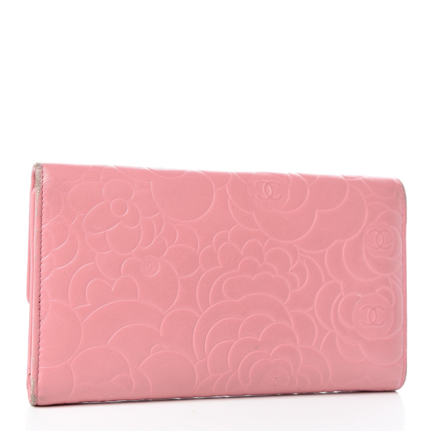 Lambskin Embossed Camellia Large Gusset Flap Wallet Pink