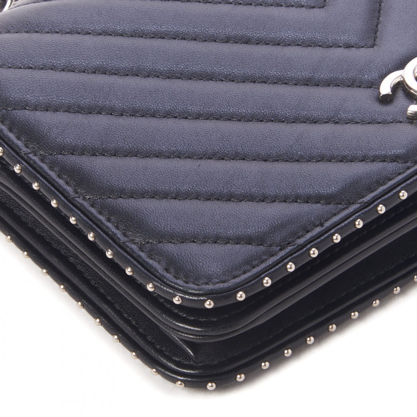 Lambskin Chevron Quilted Studded Wallet On Chain WOC Black