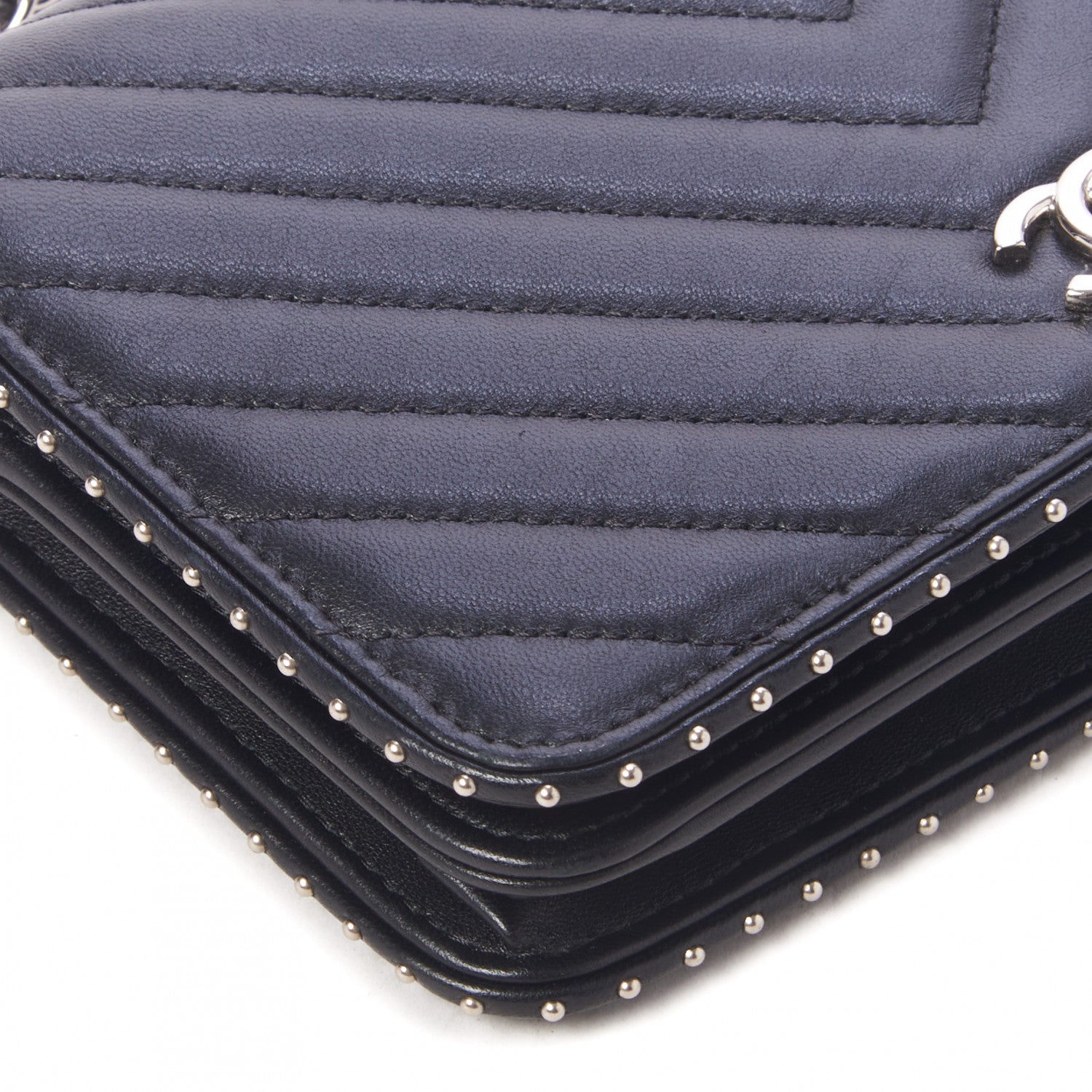 Chanel Lambskin Chevron Quilted Studded Wallet On Chain WOC Black 5 of 9