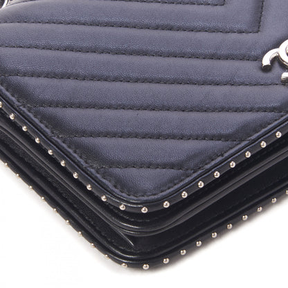 Chanel Lambskin Chevron Quilted Studded Wallet On Chain WOC Black 5 of 9