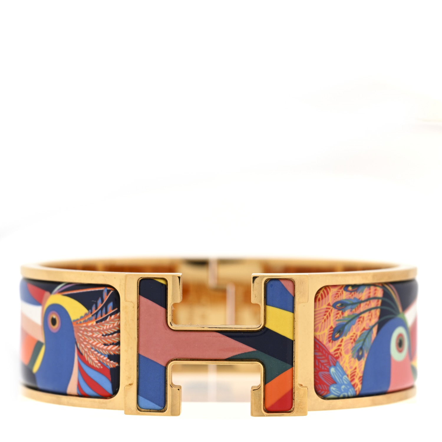 Hermes Enamel Toucan de Paradis Printed Wide Click Clac H Bracelet Indigo Multicolor 1 of 4