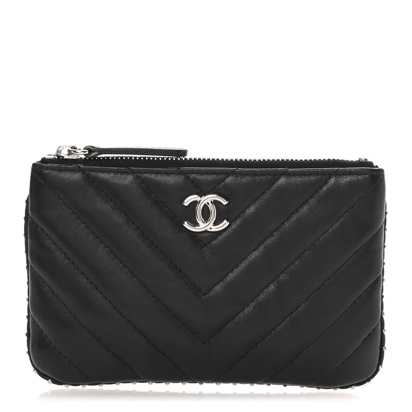 Lambskin Chevron Quilted Studded Small Cosmetic Case Black