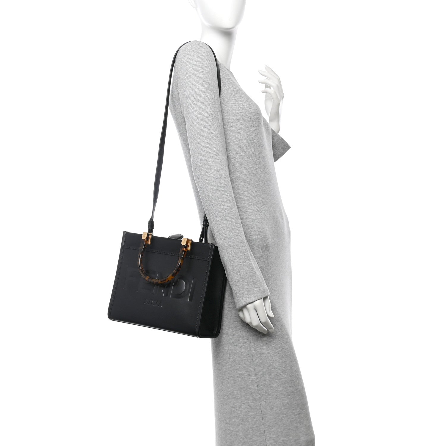 Fendi Vitello King Plexiglass Logo Embossed Small Fendi Sunshine Shopper Tote Black 2 of 9
