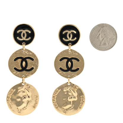 Chanel Enamel CC Disc Drop Medallion Earrings Gold Black 2 of 4
