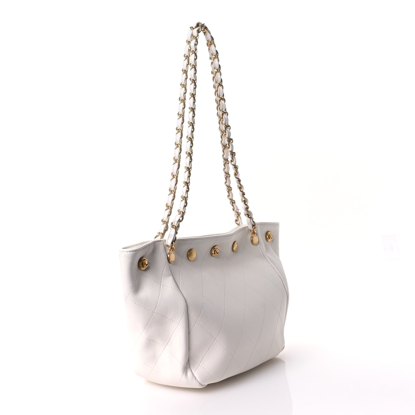 Shiny Calfskin Quilted Small Shopping Tote White