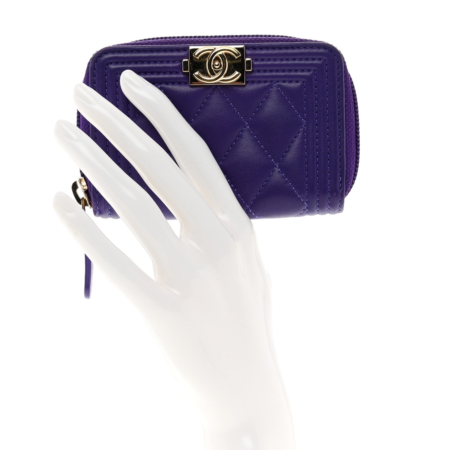Chanel Lambskin Quilted Boy Zip Around Coin Purse Wallet Purple 2 of 8