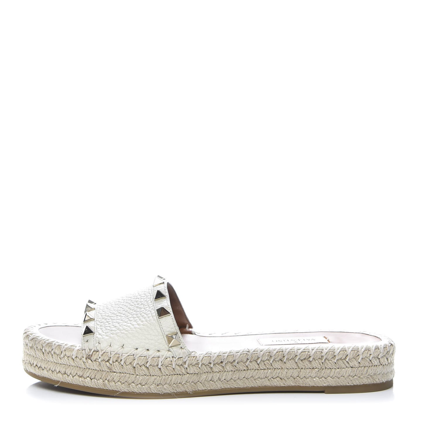 Grained Calfskin Rockstud Espadrille Flat Slide Sandals 36 Ivory