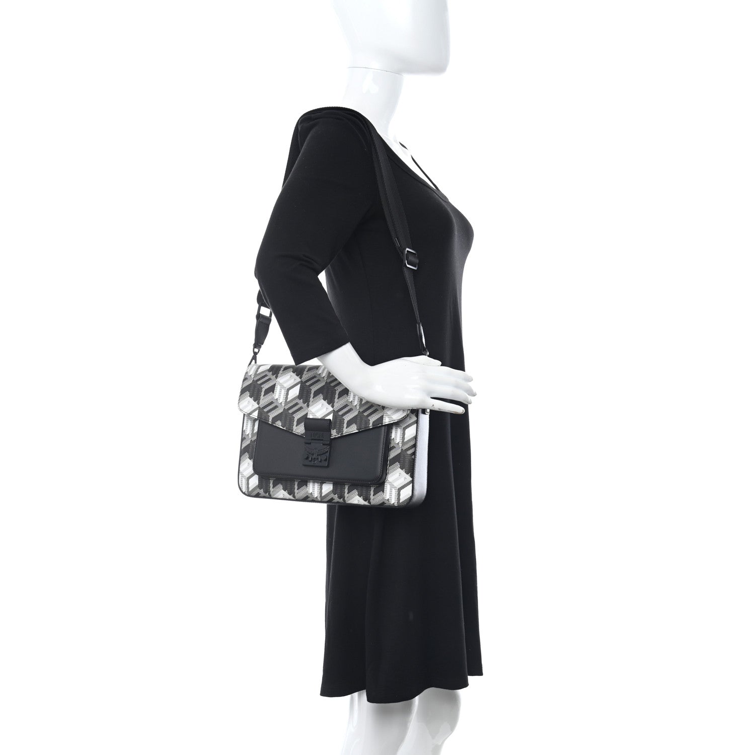 MCM Canvas Nappa Cubic Monogram Millie Crossbody Black White 2 of 13