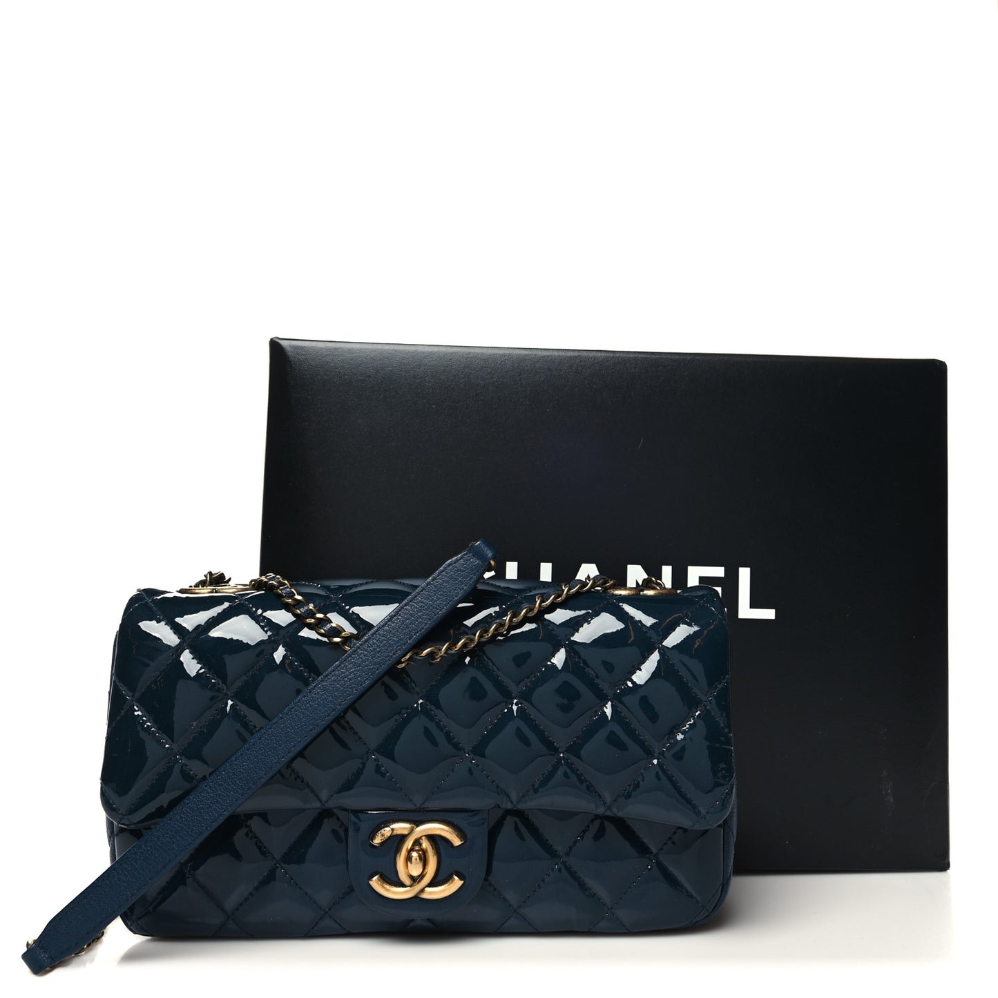 Patent Goatskin Quilted Medium CC Eyelet Flap Blue