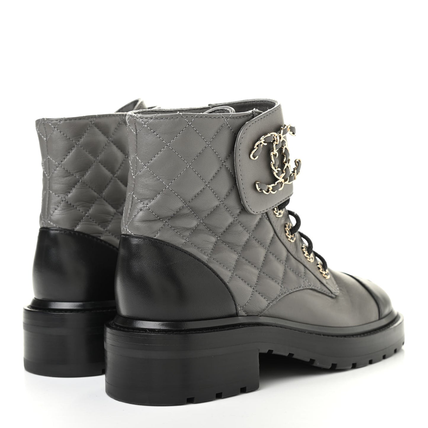 Shiny Lambskin Quilted Lace Up Combat Boots 36.5 Grey Black