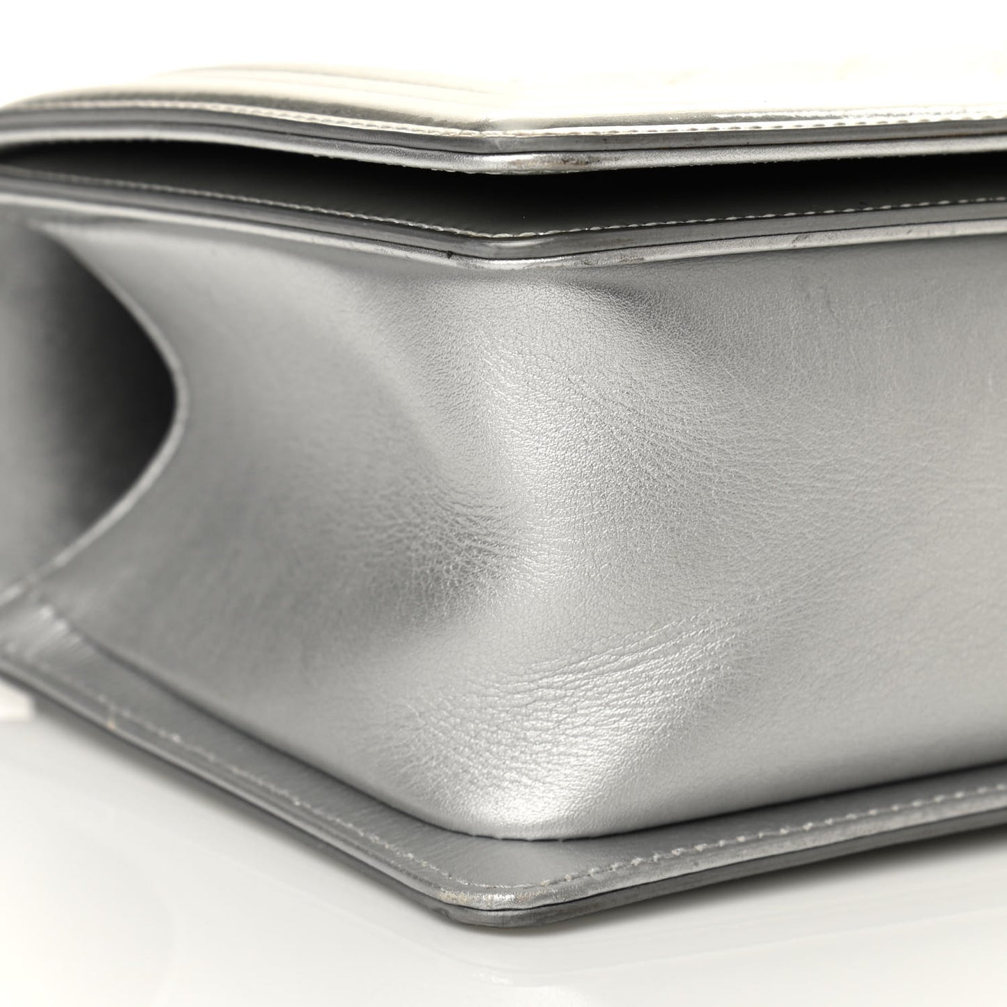 Metallic Patent Calfskin Quilted Medium Boy Flap Silver