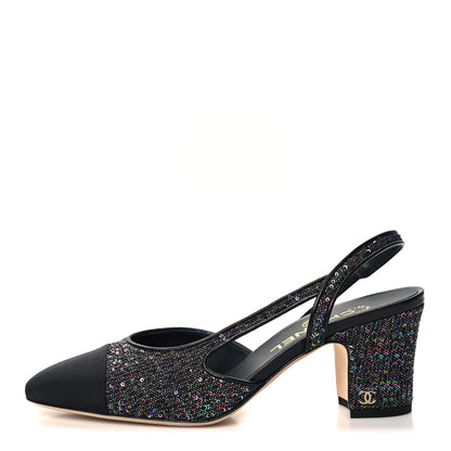 Chanel Glitter Grosgrain Cap Toe CC Slingback Pumps 37.5 Black Multicolor 1 of 9