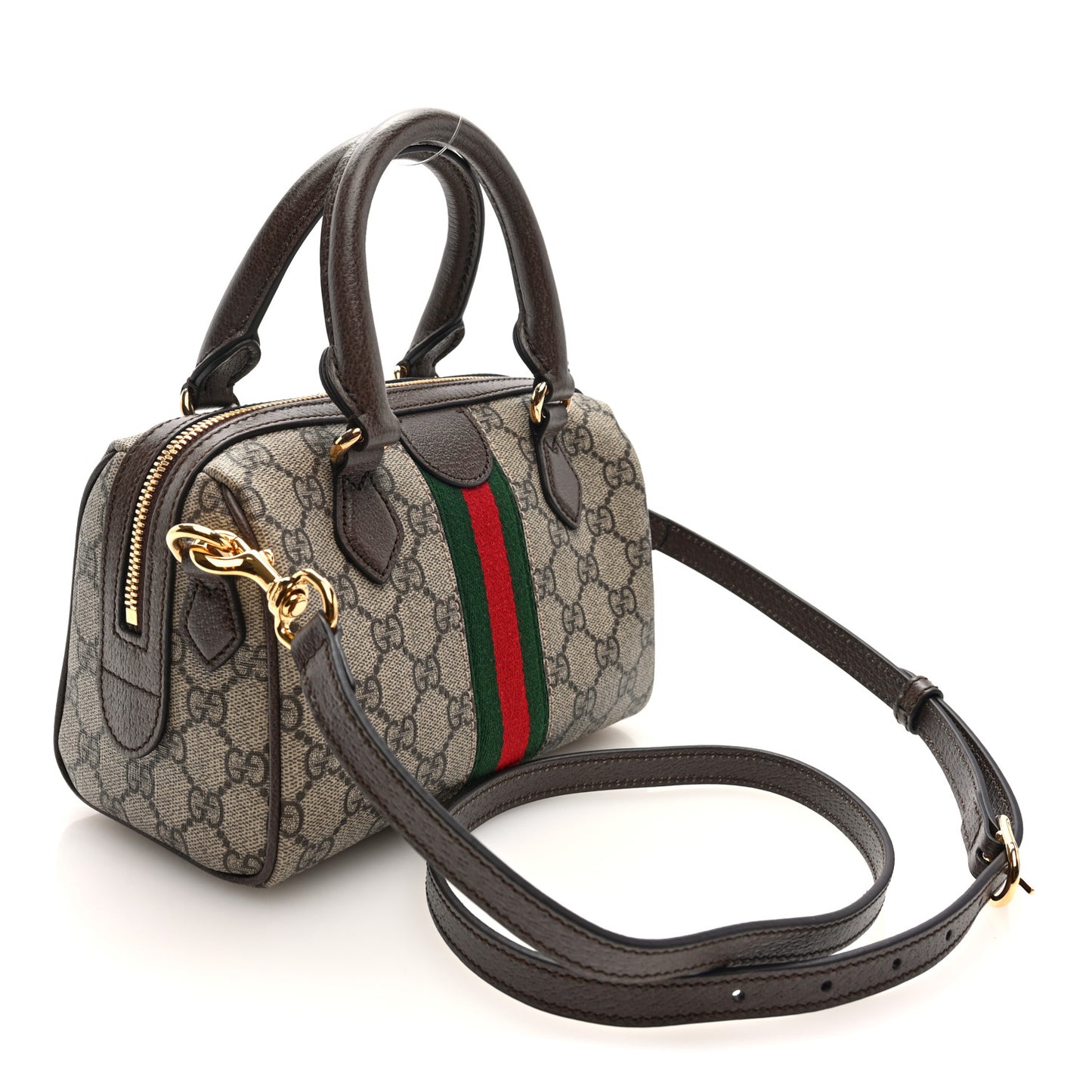 GG Supreme Monogram Textured Dollar Calfskin Web  Ophidia Top Handle Bag Beige Dark Brown