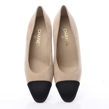 Chanel Suede Satin Cap Toe Low Heel Pumps 39.5 Beige Black 5 of 11