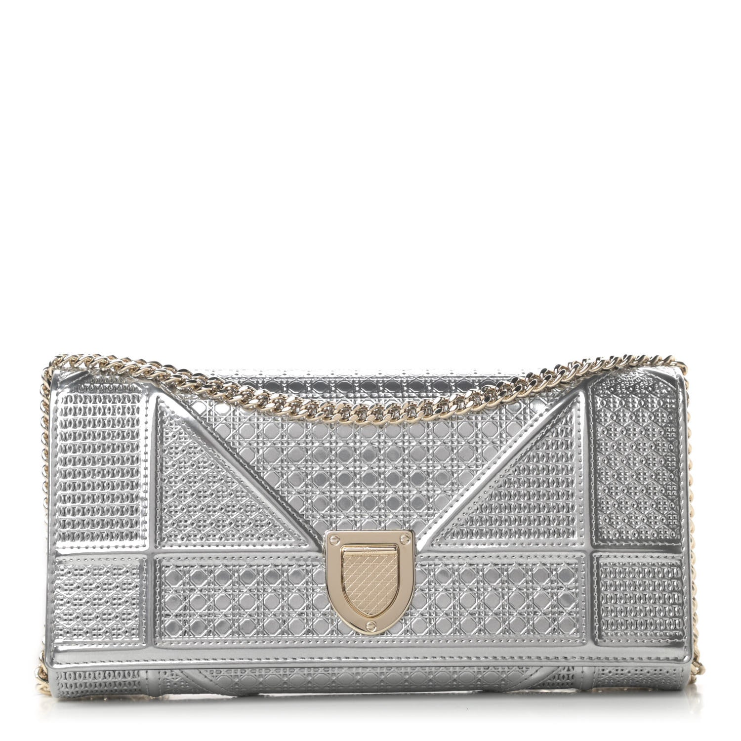 Christian Dior Metallic Patent Micro-Cannage Diorama Croisiere Chain Wallet Silver 1 of 10