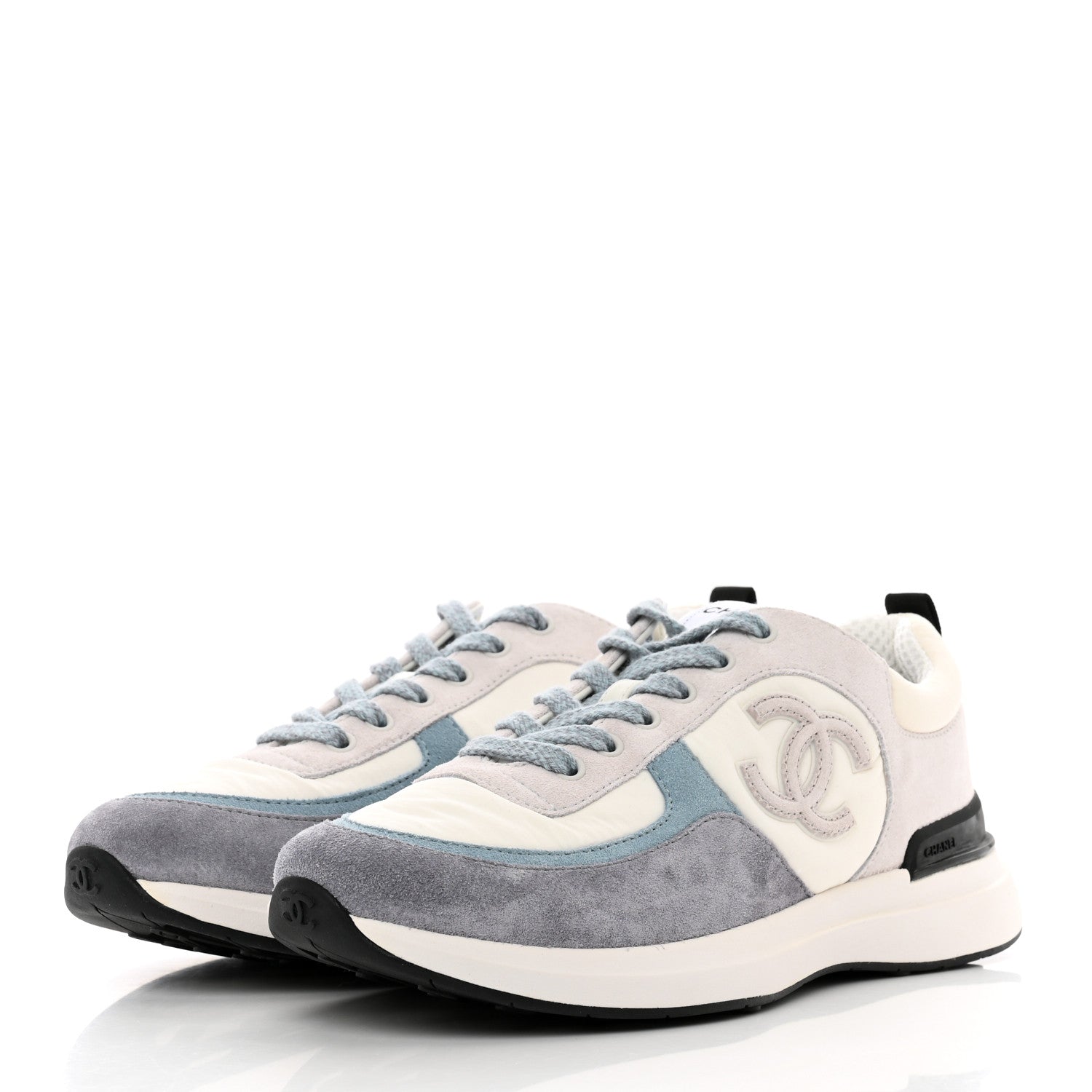 Chanel Nylon Calfskin Suede Womens CC Sneakers 39 White Grey Blue 3 of 9