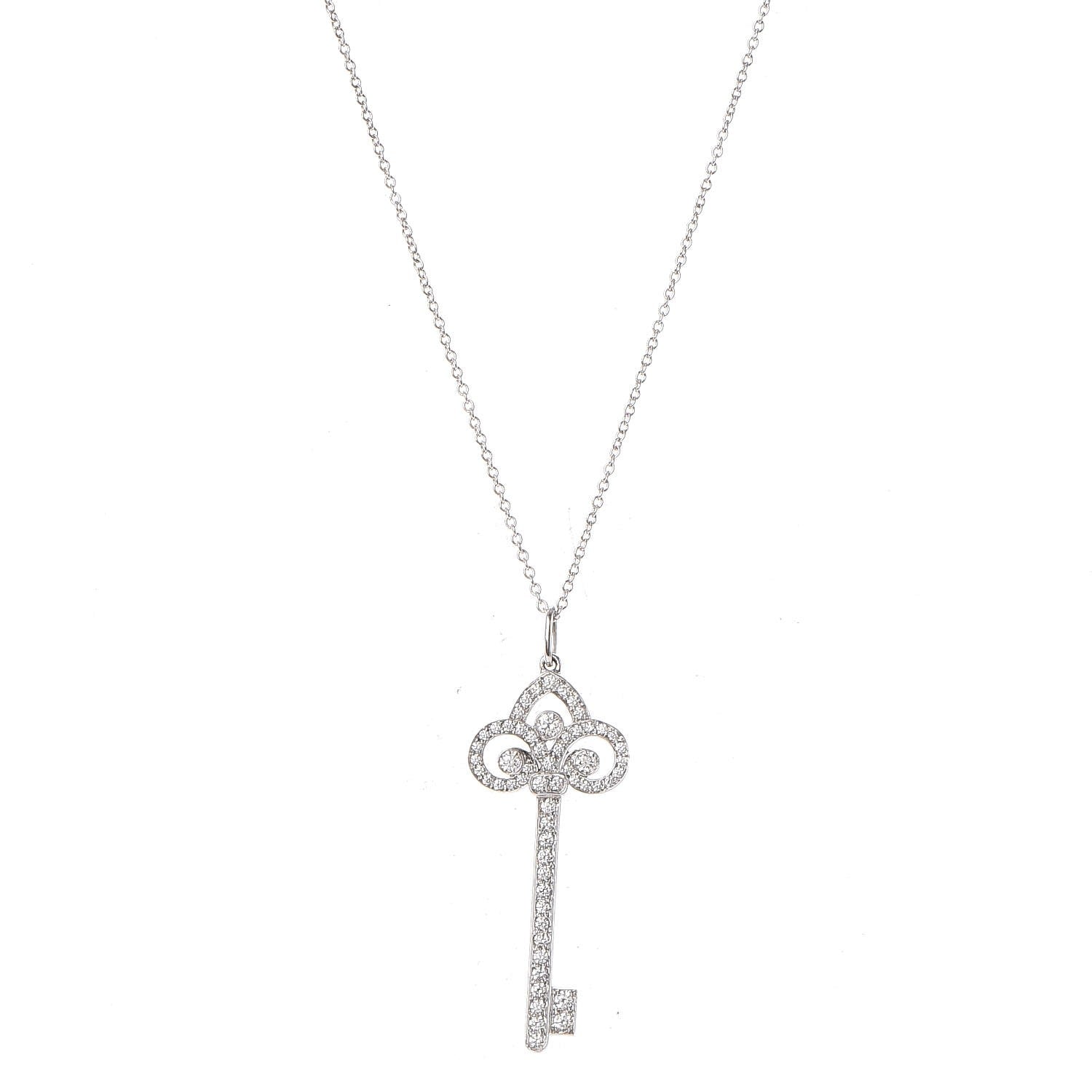 Tiffany Platinum Diamond .41ct Fleur De Lis Key Pendant Necklace 1 of 8