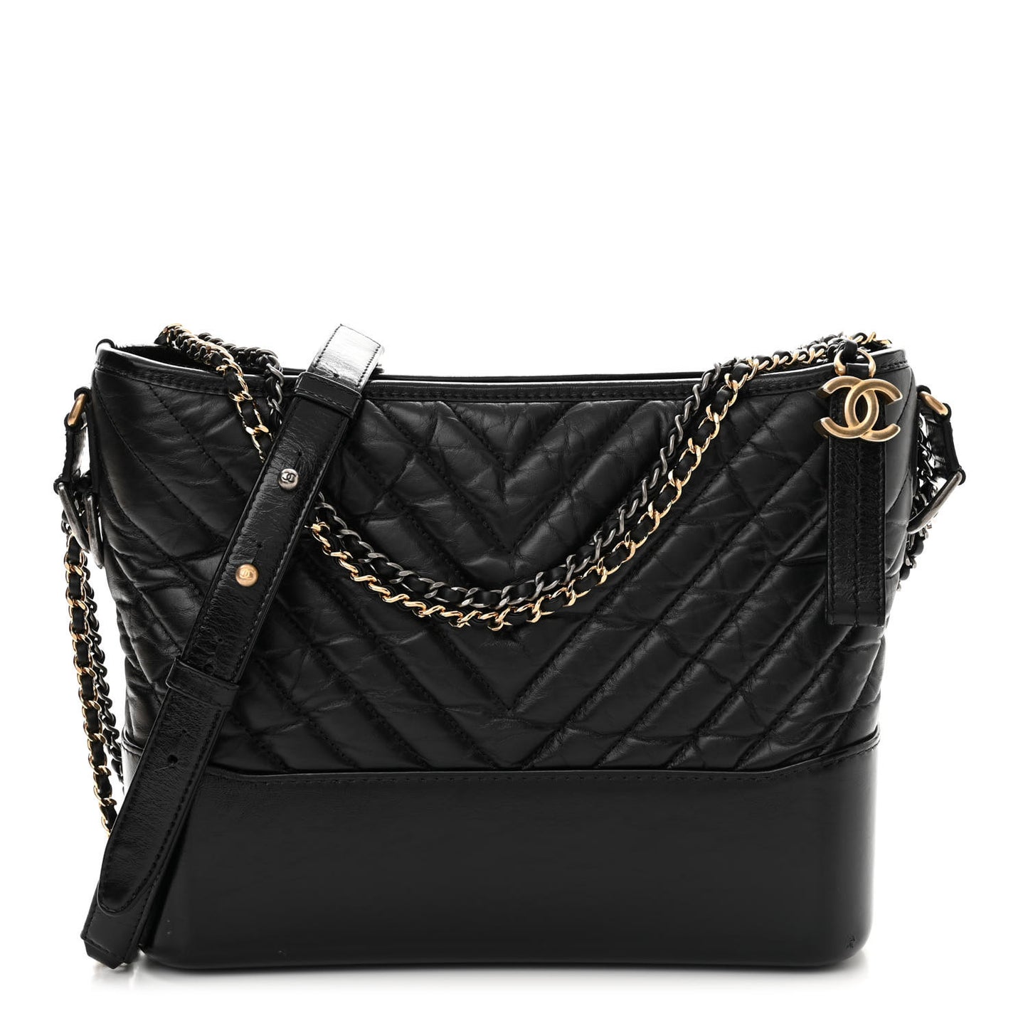 Aged Calfskin Chevron Quilted Medium Gabrielle Hobo Black