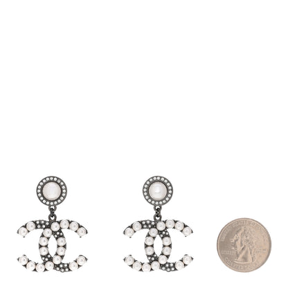 Chanel Pearl Crystal CC Drop Earrings Silver 2 of 5