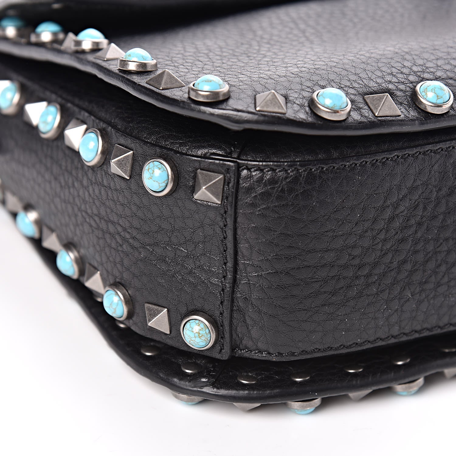 Valentino Garavani Pebbled Calfskin Turquoise Medium Guitar Strap Rockstud Rolling Flap Saddle Bag Black 5 of 17
