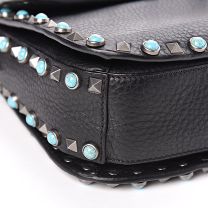 Valentino Garavani Pebbled Calfskin Turquoise Medium Guitar Strap Rockstud Rolling Flap Saddle Bag Black 5 of 17