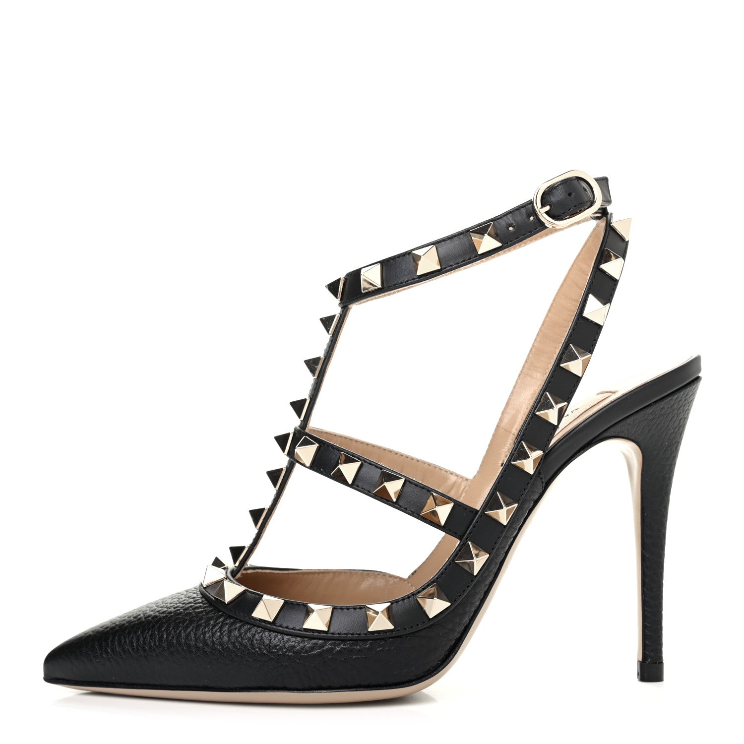 Valentino Garavani Pebbled Calfskin Rockstud Ankle Strap 100mm Pumps 35 Black 1 of 4