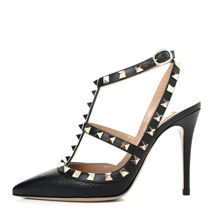Valentino Garavani Pebbled Calfskin Rockstud Ankle Strap 100mm Pumps 35 Black 1 of 4