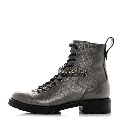 Jimmy Choo Metallic Grained Goatskin Pearl Crystal Embellished Cruz Combat Boots 37 Grey 1 of 11