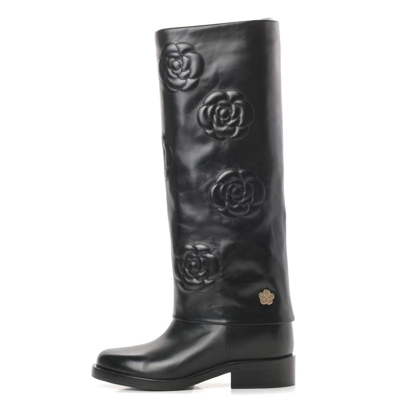 Calfskin Camellia High Boots 37.5 Black