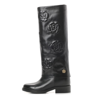 Chanel Calfskin Camellia High Boots 37.5 Black 1 of 12