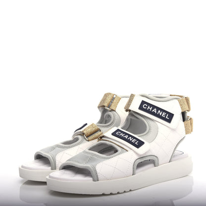 Chanel Goatskin Fabric Gladiator Sandals 36.5 Grey Navy Blue 3 of 11