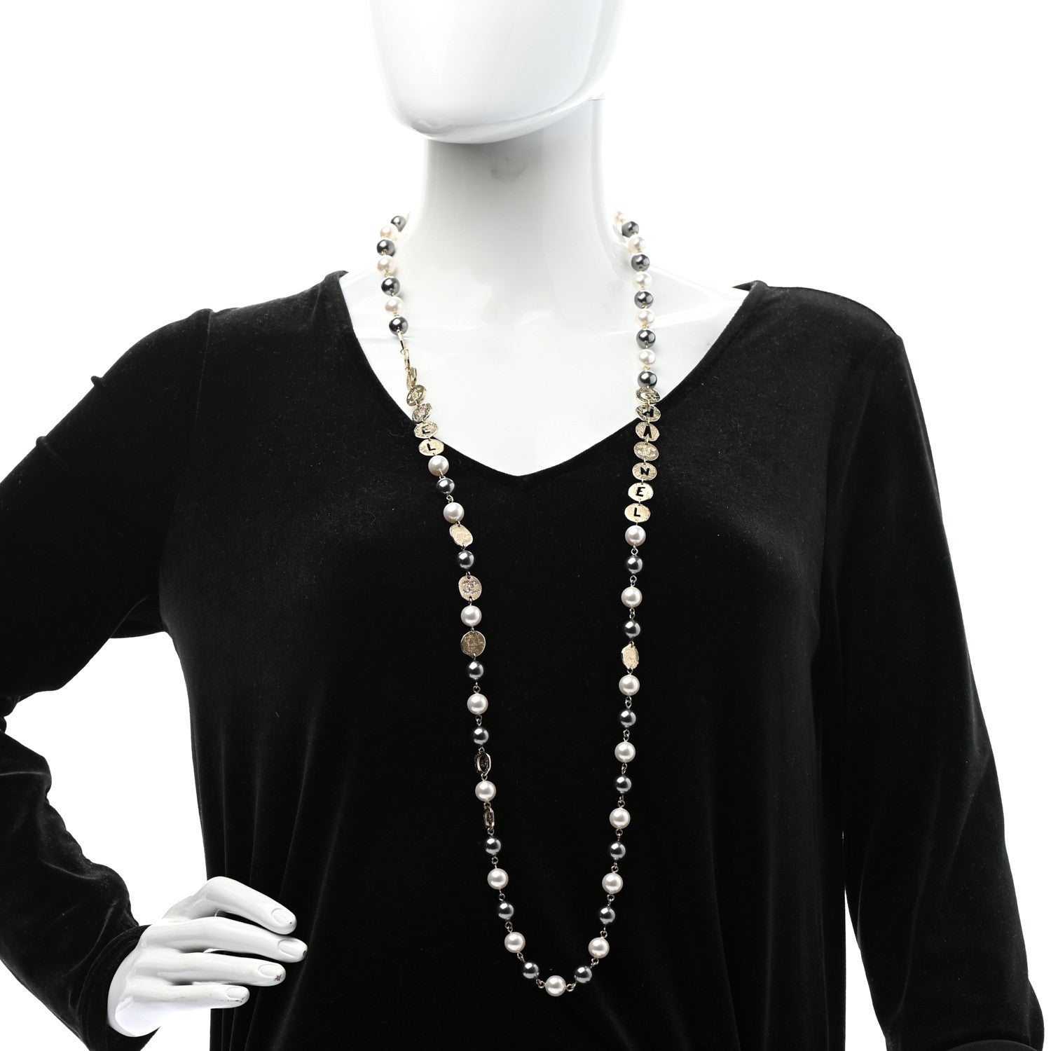 Chanel Pearl Papyrus Long Necklace Gold Pearly White Grey 1 of 5