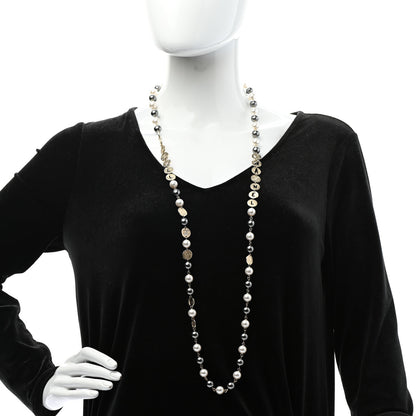 Chanel Pearl Papyrus Long Necklace Gold Pearly White Grey 1 of 5