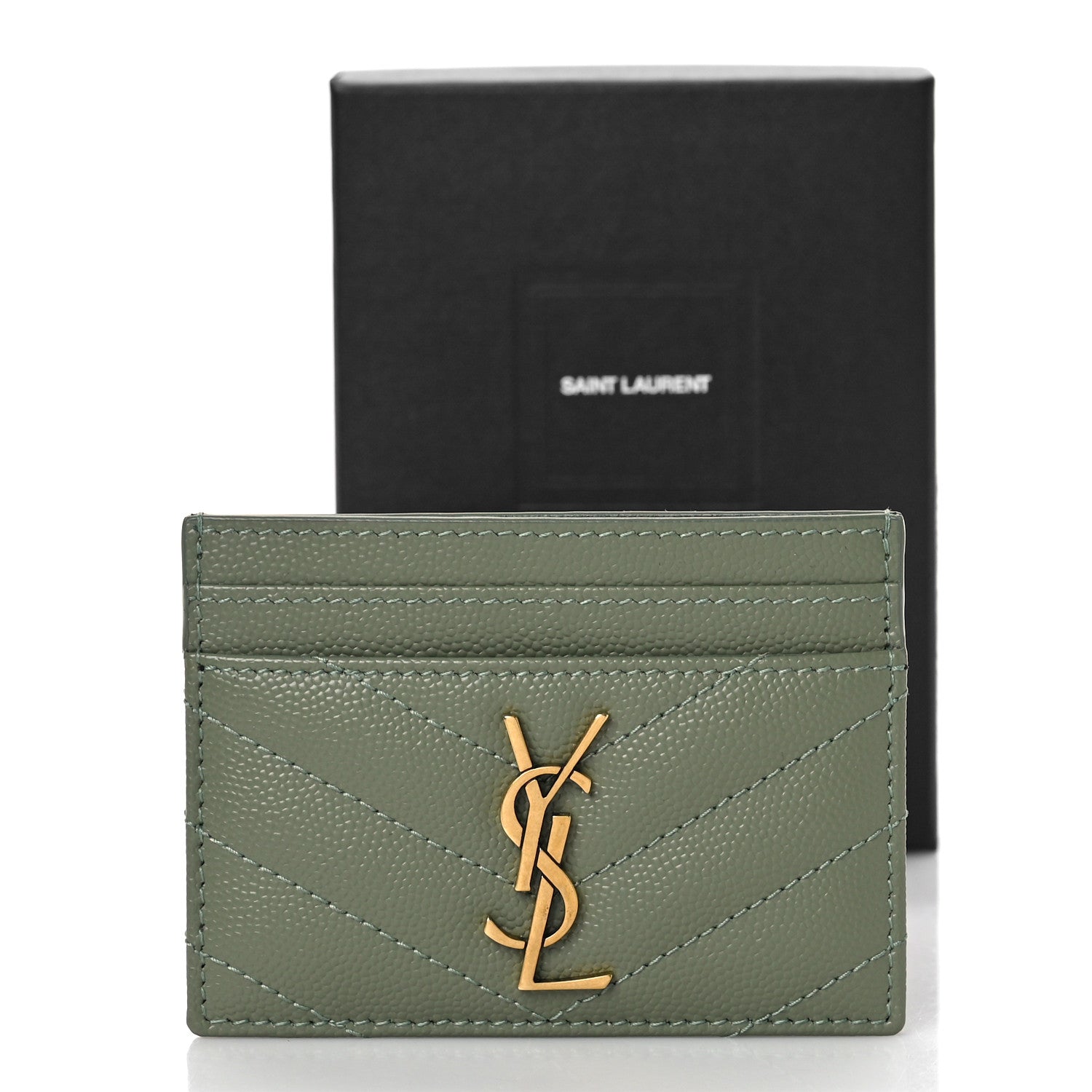 Saint Laurent Grain De Poudre Matelasse Chevron Monogram Credit Card Case Light Sage 9 of 9