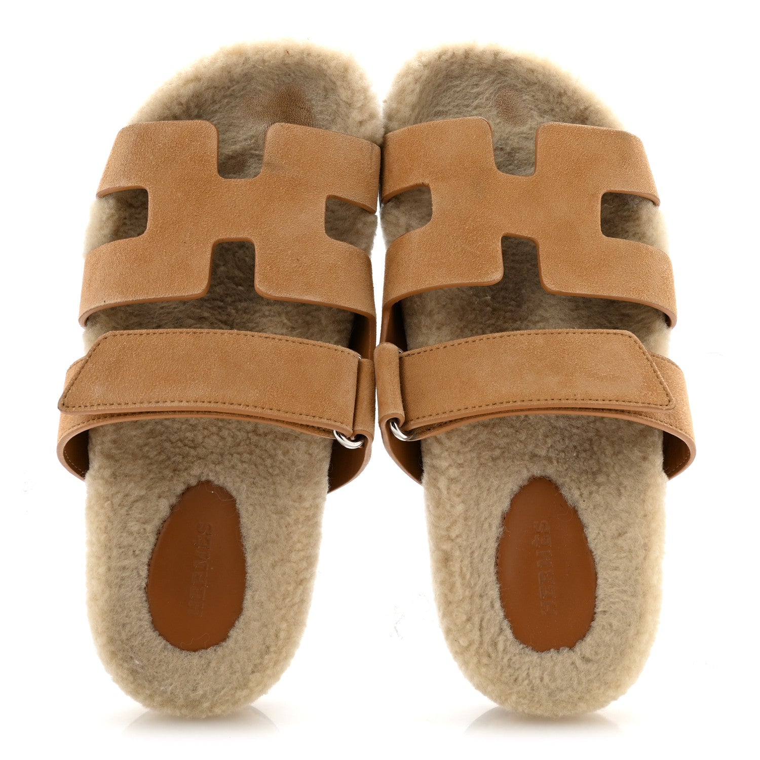 Hermes Suede Goatskin Woolskin Womens Chypre Sandals 37 Golden Beige 2 of 10