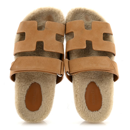 Hermes Suede Goatskin Woolskin Womens Chypre Sandals 37 Golden Beige 2 of 10