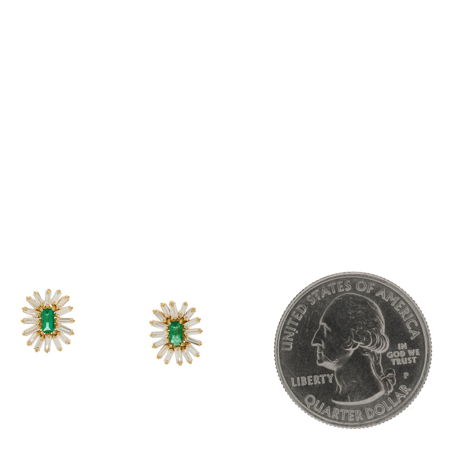 18K Yellow Gold Diamond Emerald Bold Spark Stud Earrings
