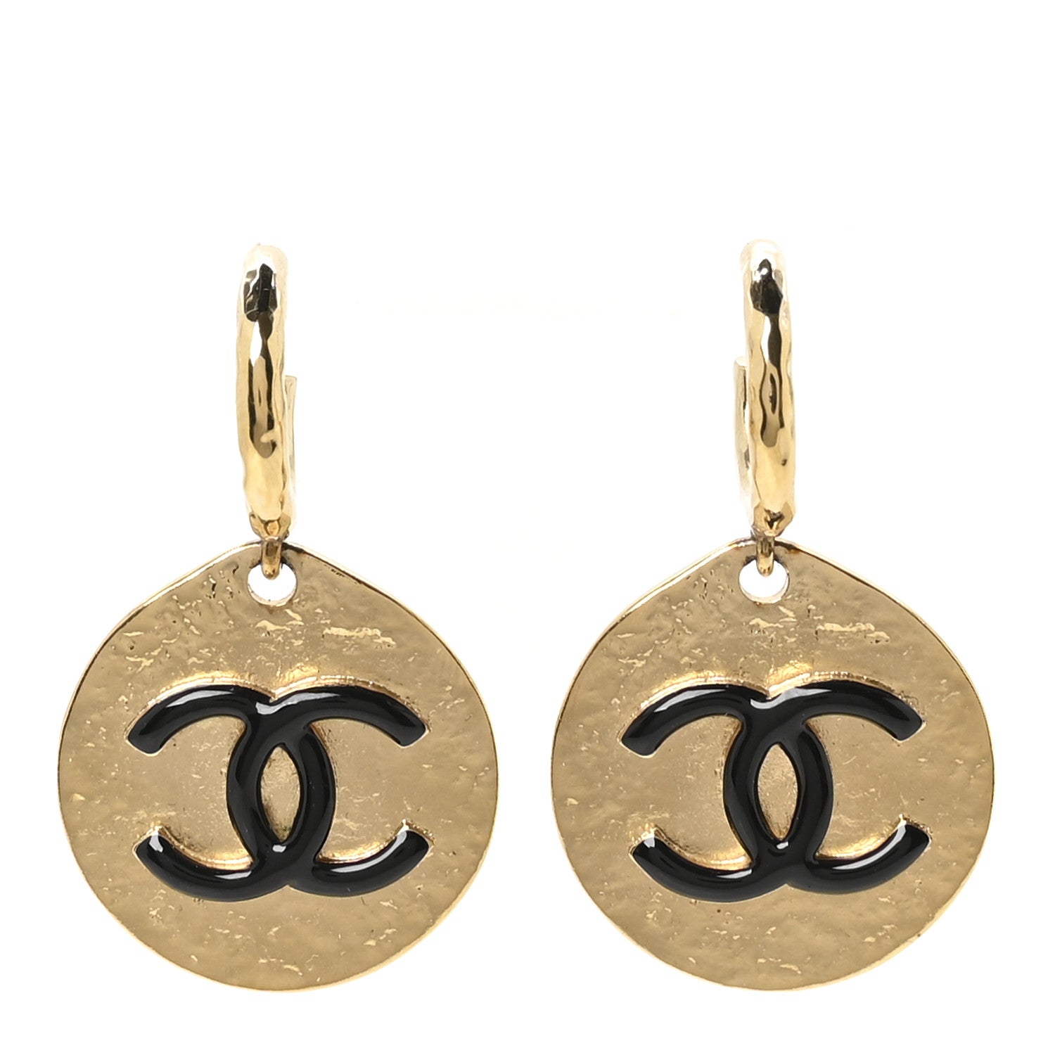Chanel Enamel CC Disc Drop Hoop Earrings Gold Black 1 of 5