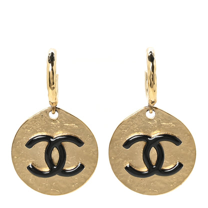 Chanel Enamel CC Disc Drop Hoop Earrings Gold Black 1 of 5