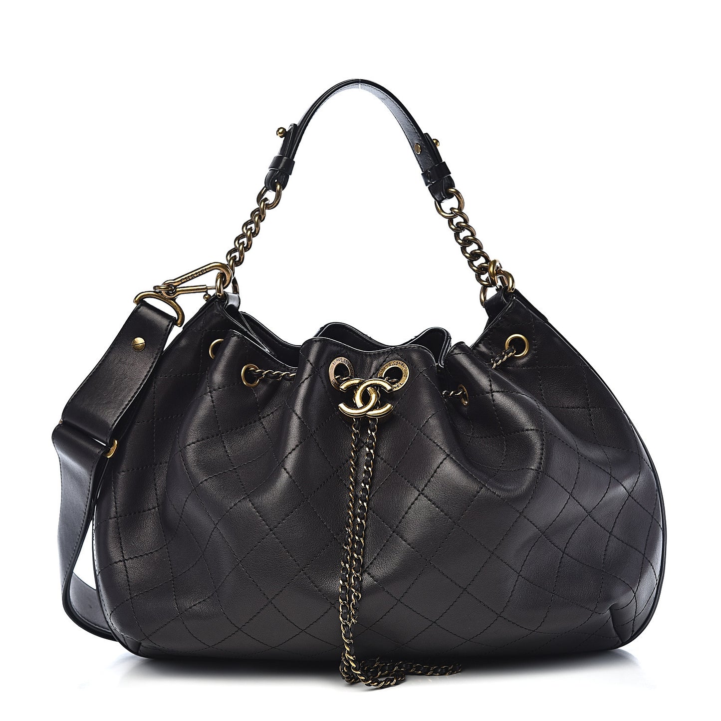 Calfskin Stitched Medium Drawstring CC Bag Black