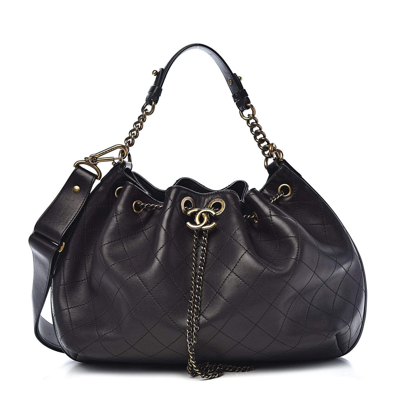 Chanel Calfskin Stitched Medium Drawstring CC Bag Black 1 of 9
