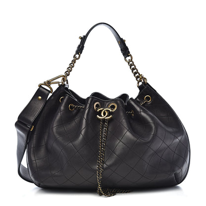 Chanel Calfskin Stitched Medium Drawstring CC Bag Black 1 of 9