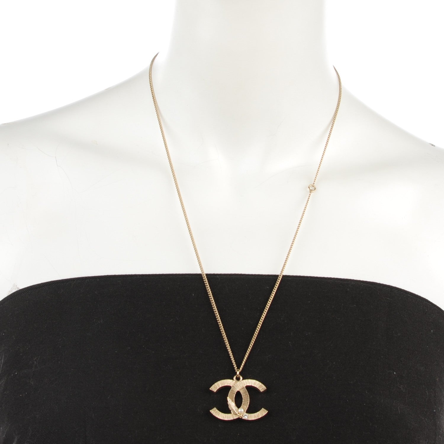 Chanel Pearl Crystal Leaf CC Necklace Gold 2 of 3